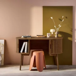 Ovaal bureau met gegroefd houteffect en twee opbergruimtes, L 120cm