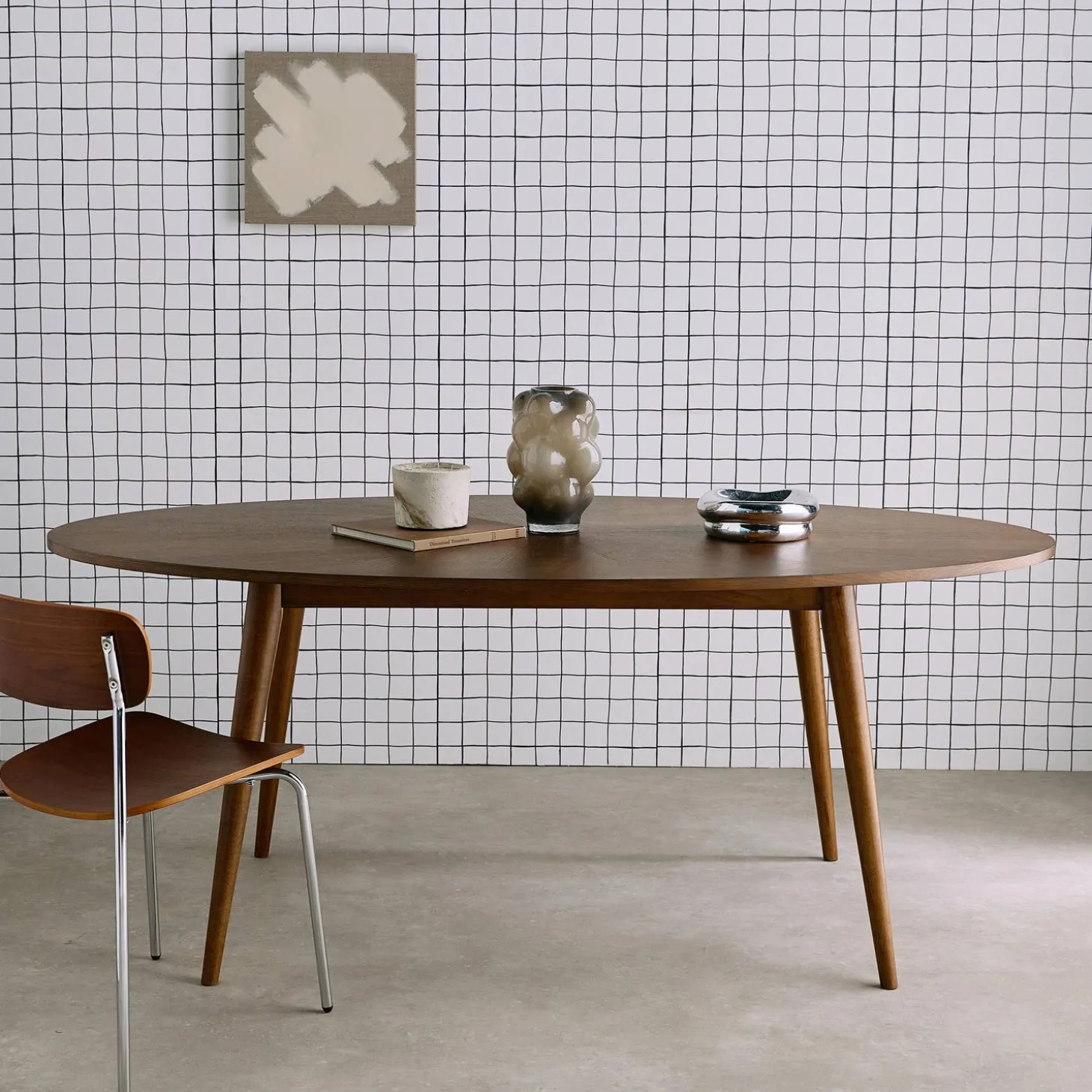 Ovale eettafel van rubberhout en eikenfineer, 6 plaatsen