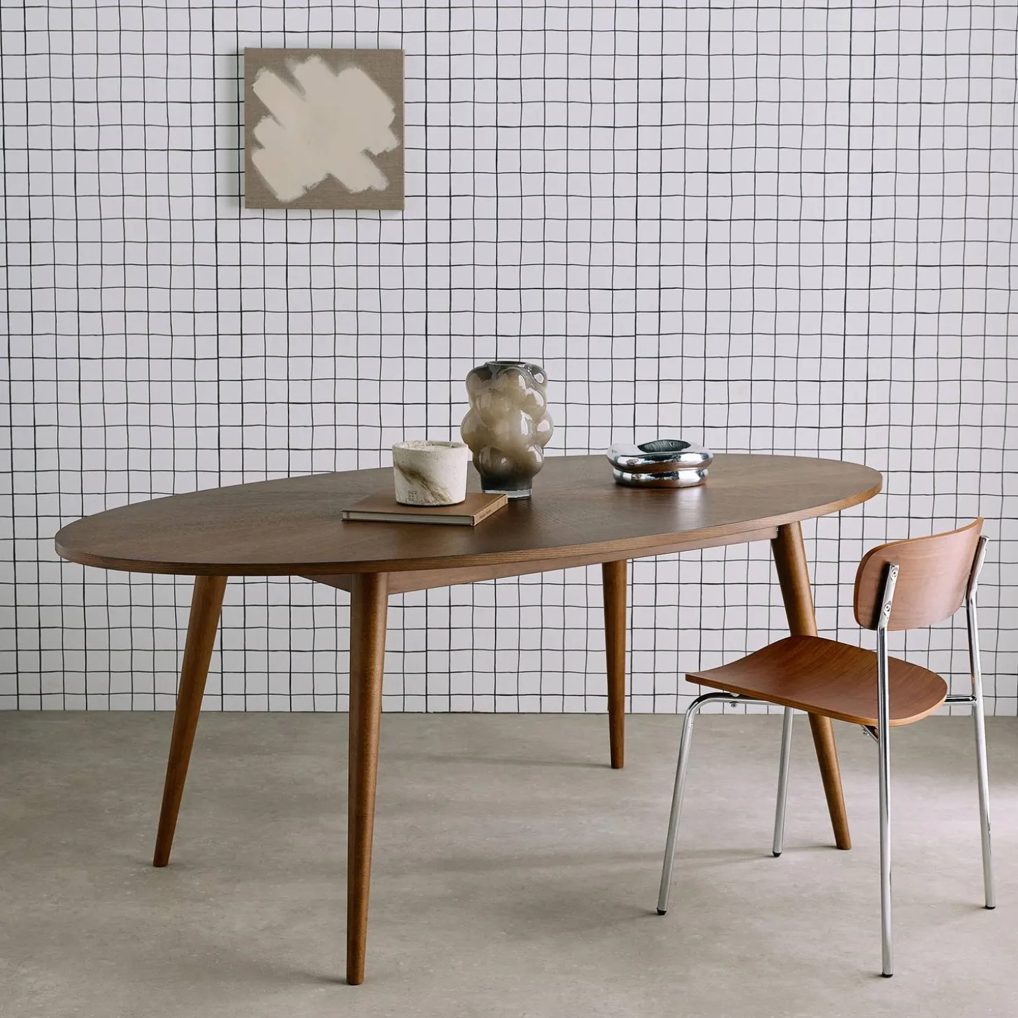 Ovale eettafel van rubberhout en eikenfineer, 6 plaatsen