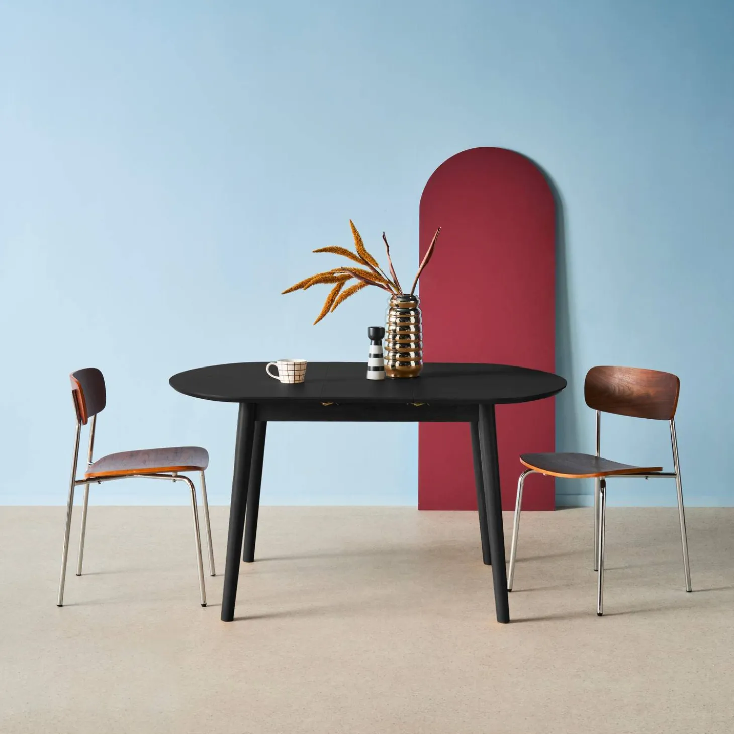 Ovale eettafel verlengbaar rubberhout en eiken fineer 4-6 plaatsen
