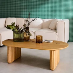 Ovale salontafel rubberhout met eikenfineer