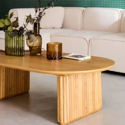 Ovale salontafel rubberhout met eikenfineer