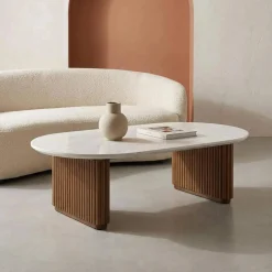 Ovale salontafel van rubberhout met steeneffect