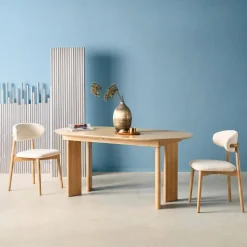 Ovale uitschuifbare eettafel rubberhout en eikenfineer 6-8 plaatsen