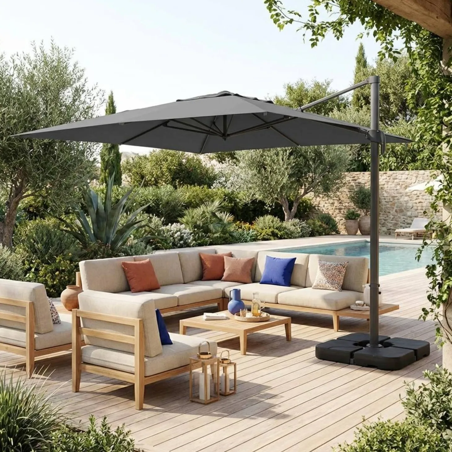 Parasol 4x3m vrijhangend + ballasttegels 50x50cm