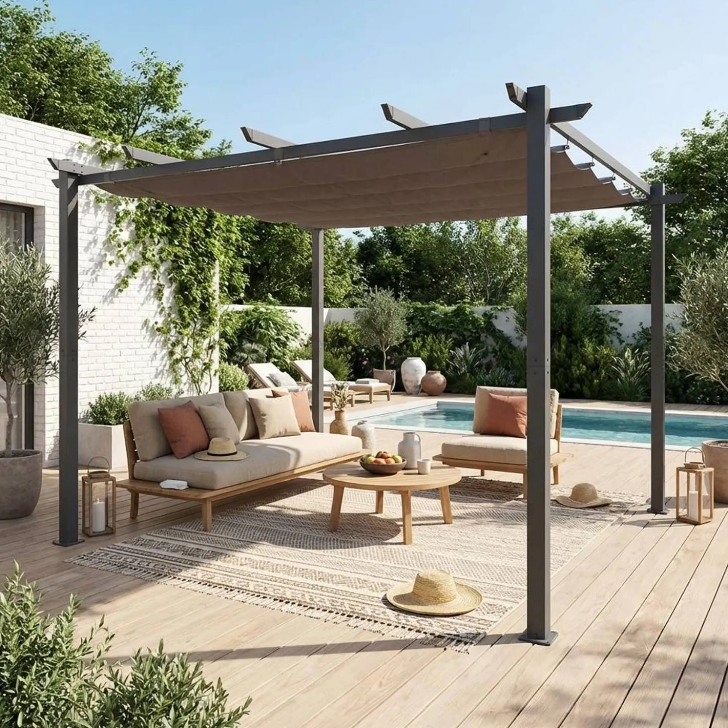 Pergola, aluminium, 3x3m, met uitschuifbaar zonnescherm