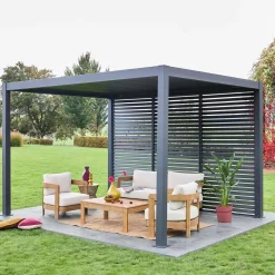 Pergola met lamellendak 4x3m met 3 vaste lamellenwanden 130cm