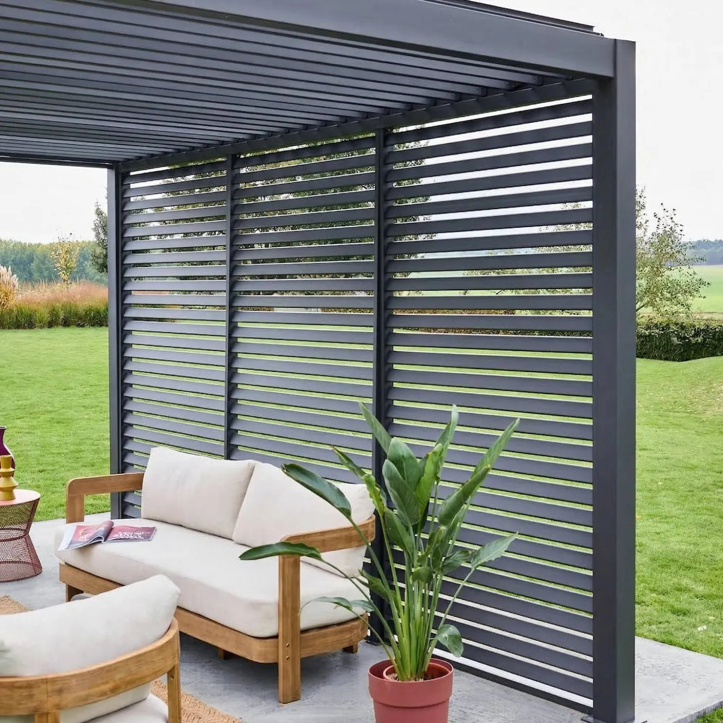 Pergola met lamellendak 4x3m met 3 vaste lamellenwanden 130cm