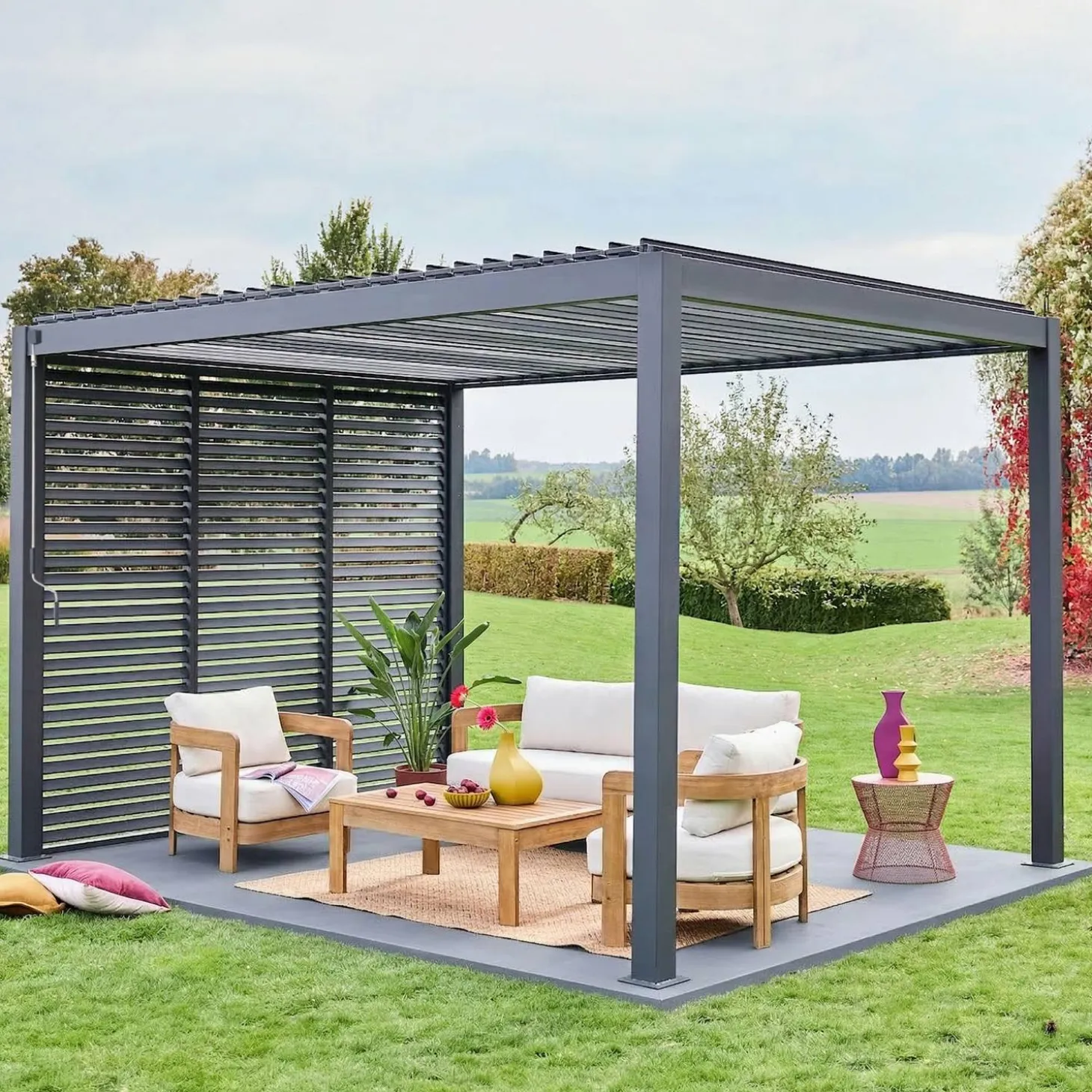 Pergola met lamellendak 4x3m met 3 vaste lamellenwanden 100cm
