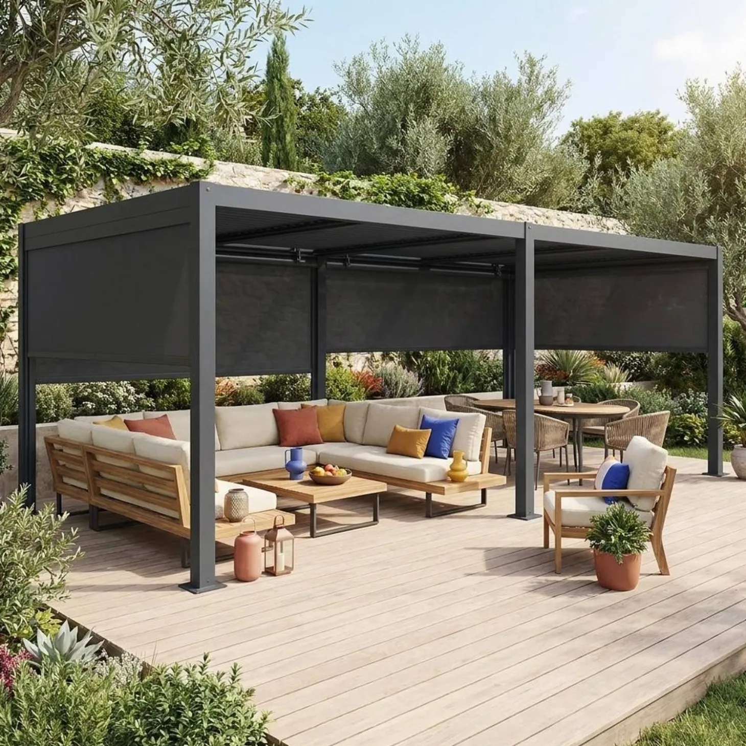 Pergola met lamellendak 6x3m met 4 zonneschermen 3m