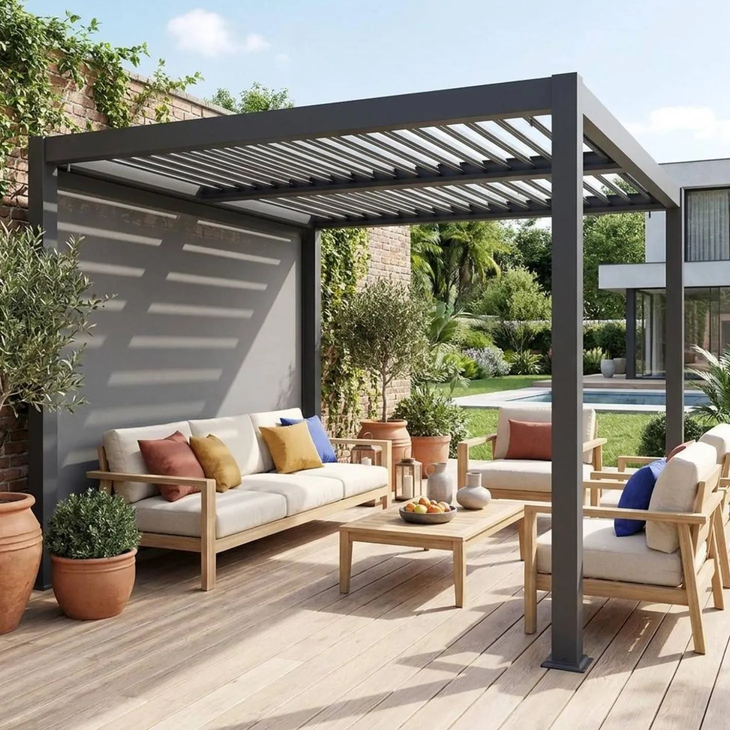 Pergola met lamellendak 3x3m met zonnescherm 3m