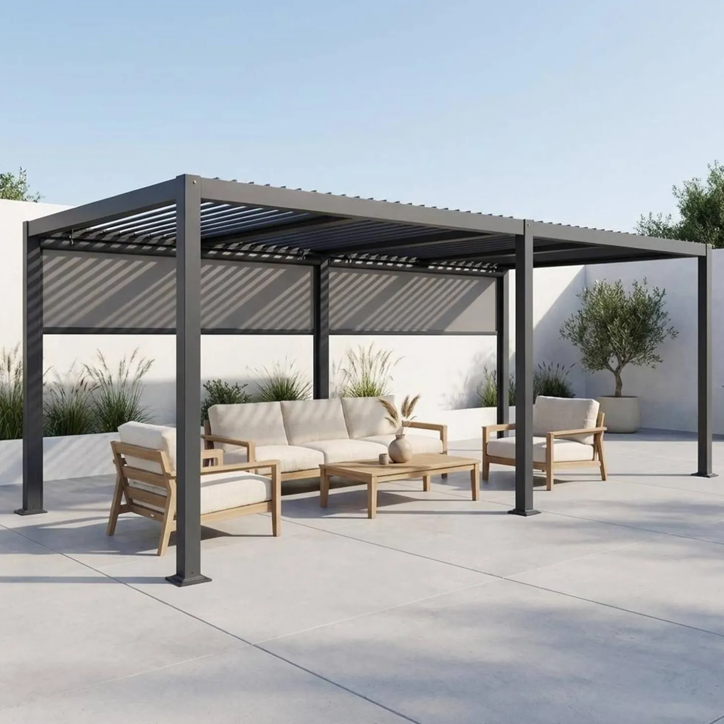 Pergola met lamellendak 6x3m met 2 zonneschermen 3m