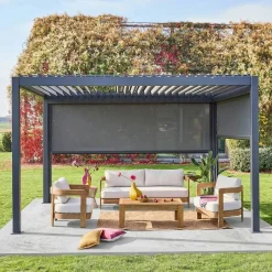 Pergola met lamellendak 4x3m met 1 zonnescherm 3m en 1 zonnescherm 4m