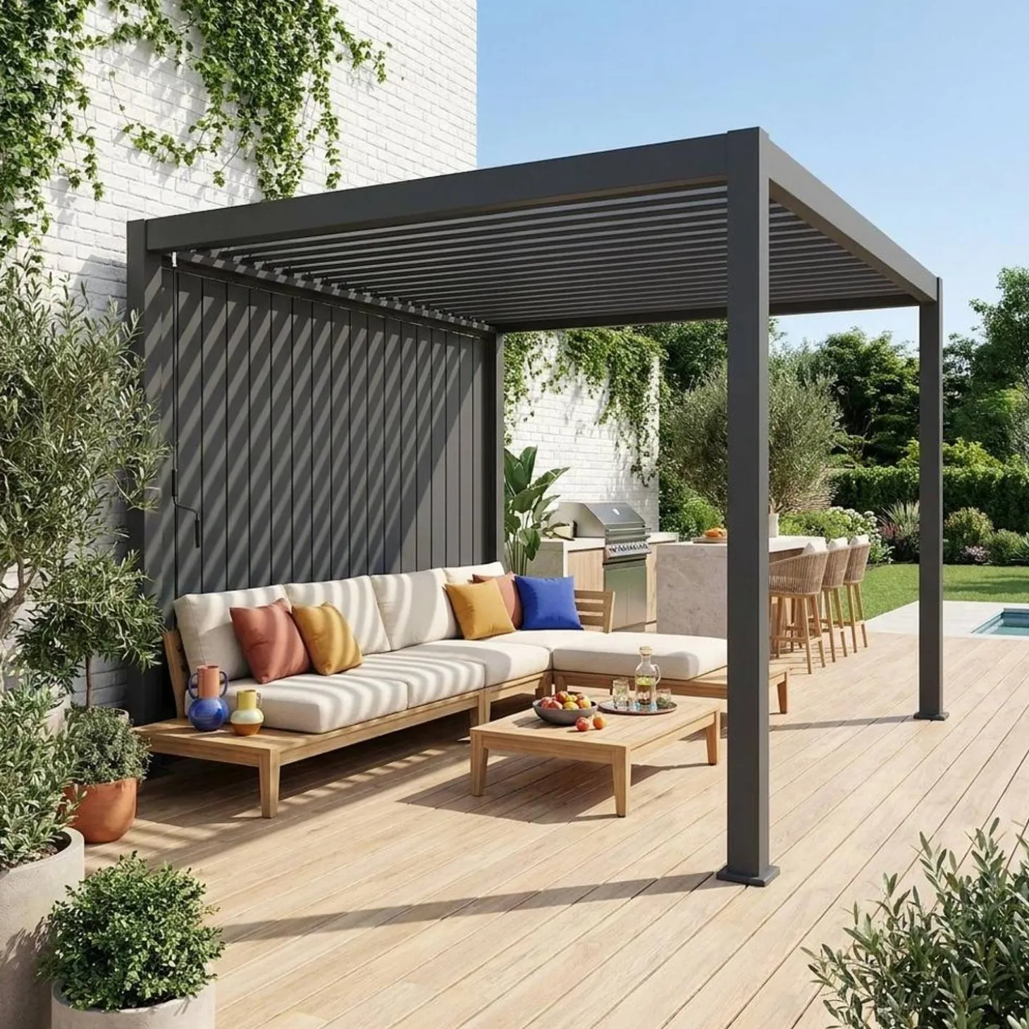 Pergola met lamellendak 4x3m met verticale lamellenwand 4m