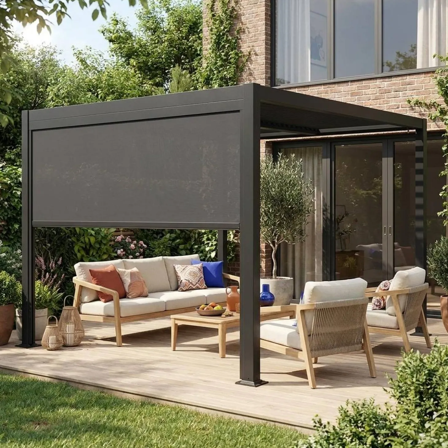 Pergola met lamellendak 3x3m met zonnescherm 3m