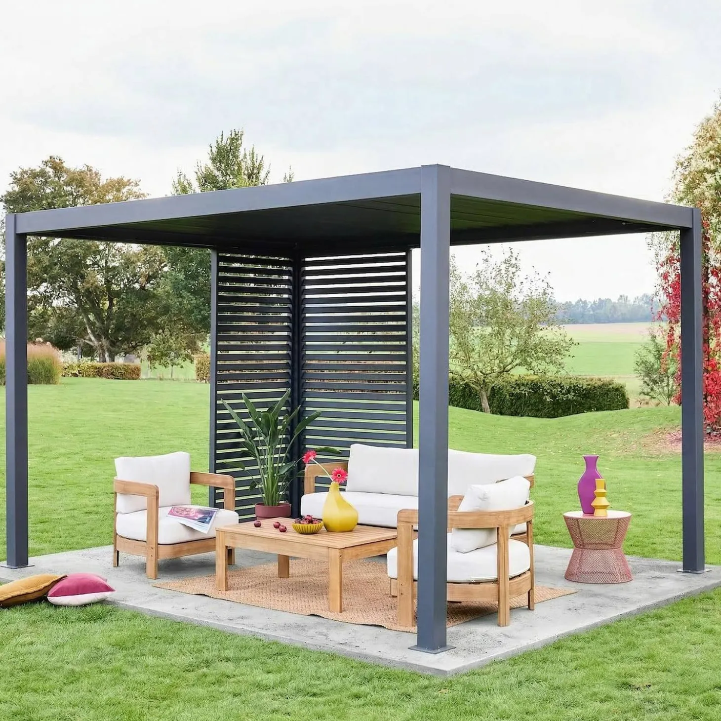 Pergola met lamellendak 4x3m met lamellenwand 100cm en 130cm