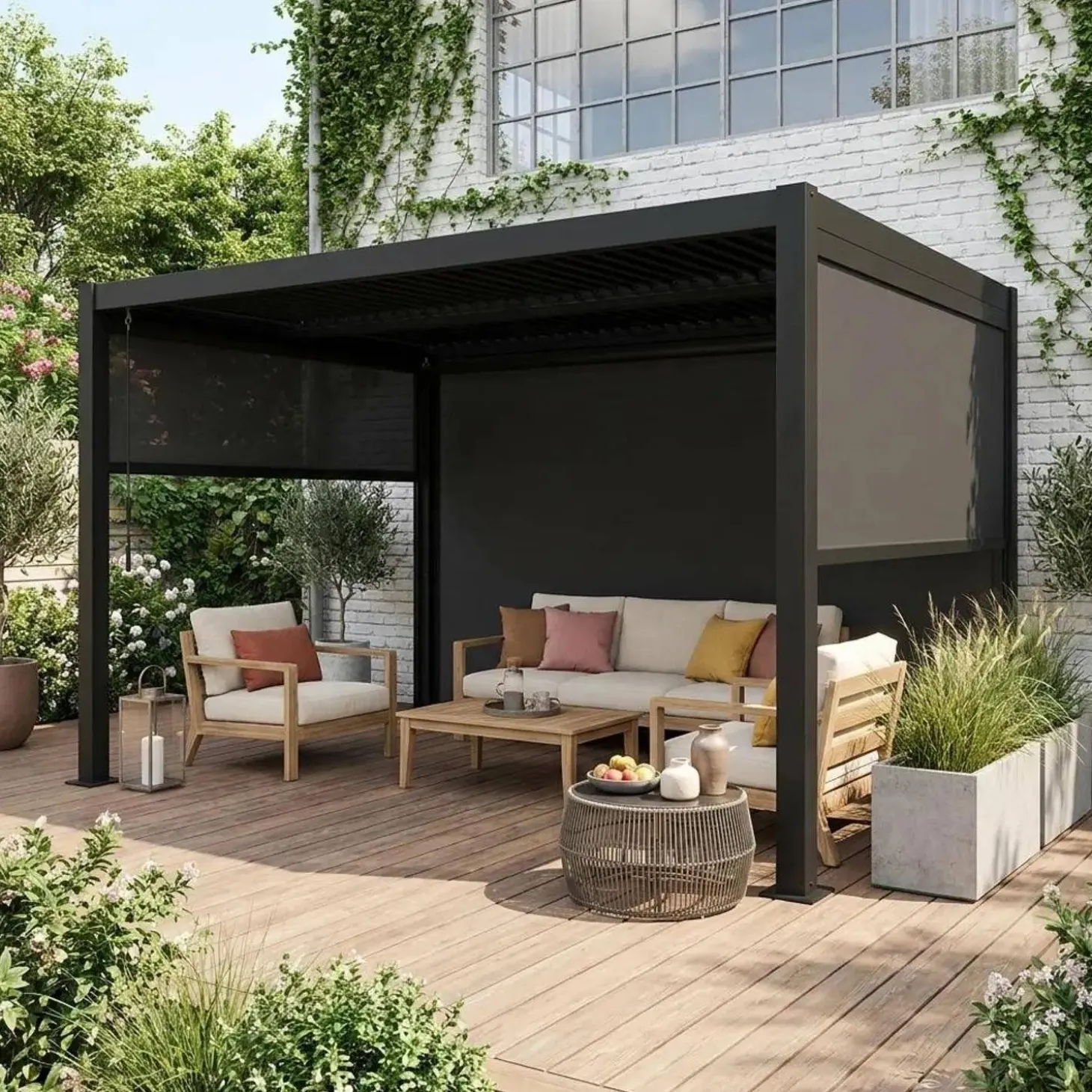 Pergola met lamellendak 4x3m met 2 zonneschermen van 3m en 1 van 4m