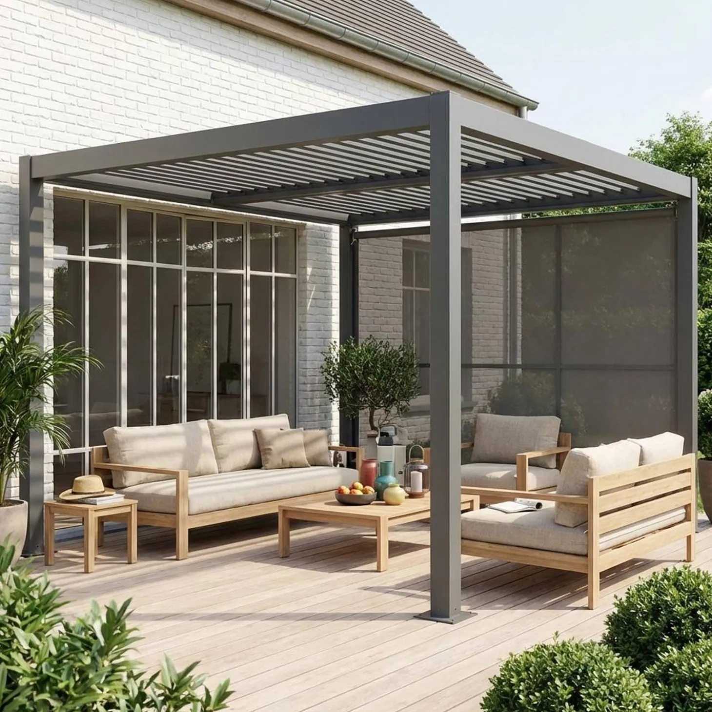 Pergola met lamellendak 3x3m met luifel 3m