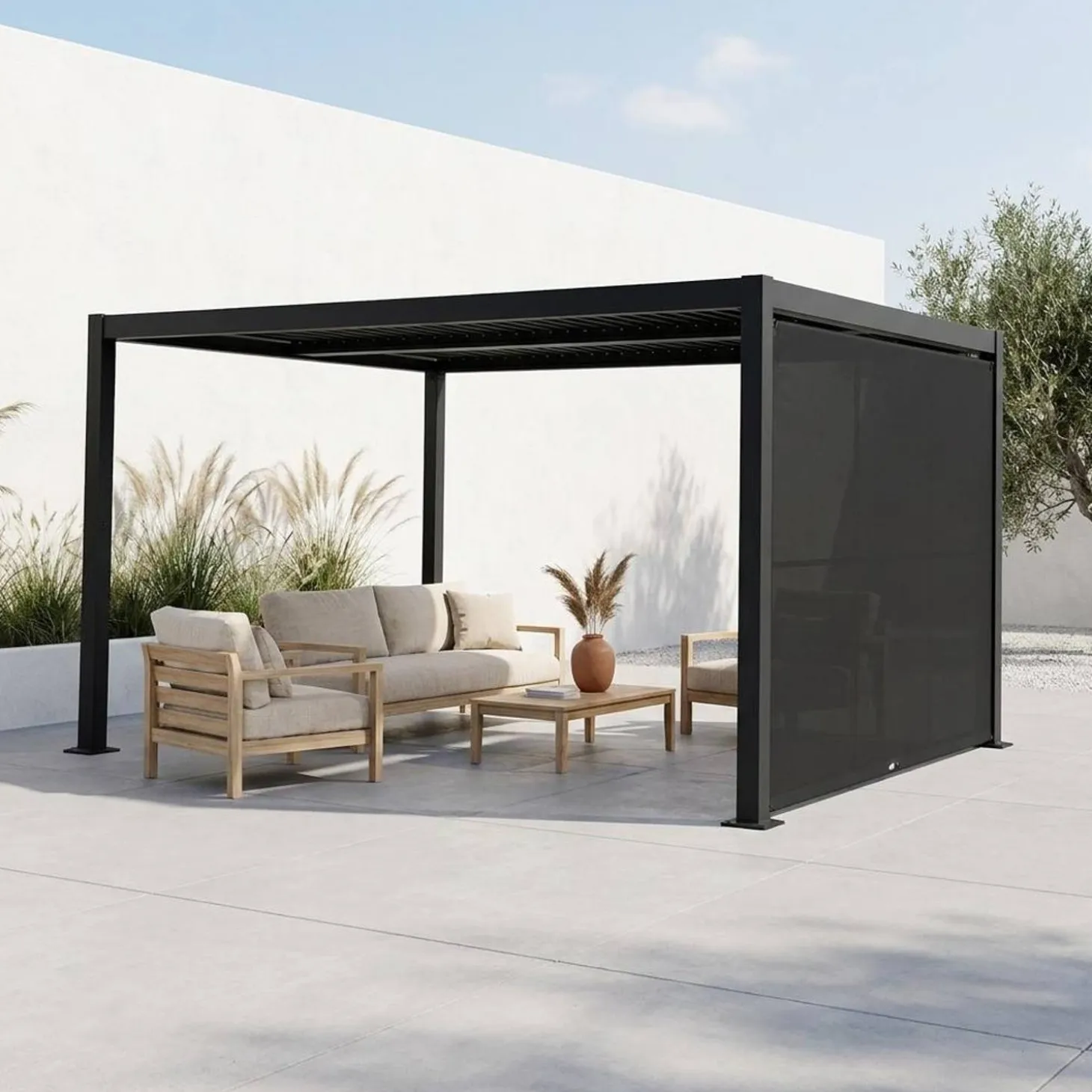 Pergola met lamellendak 4x3m met luifel 3m