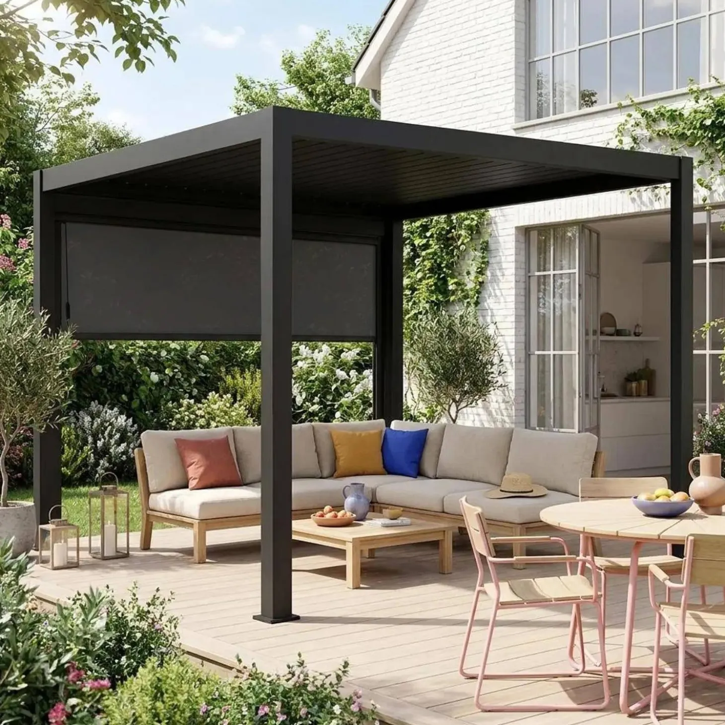Pergola met lamellendak 3x3m met zonnescherm 3m
