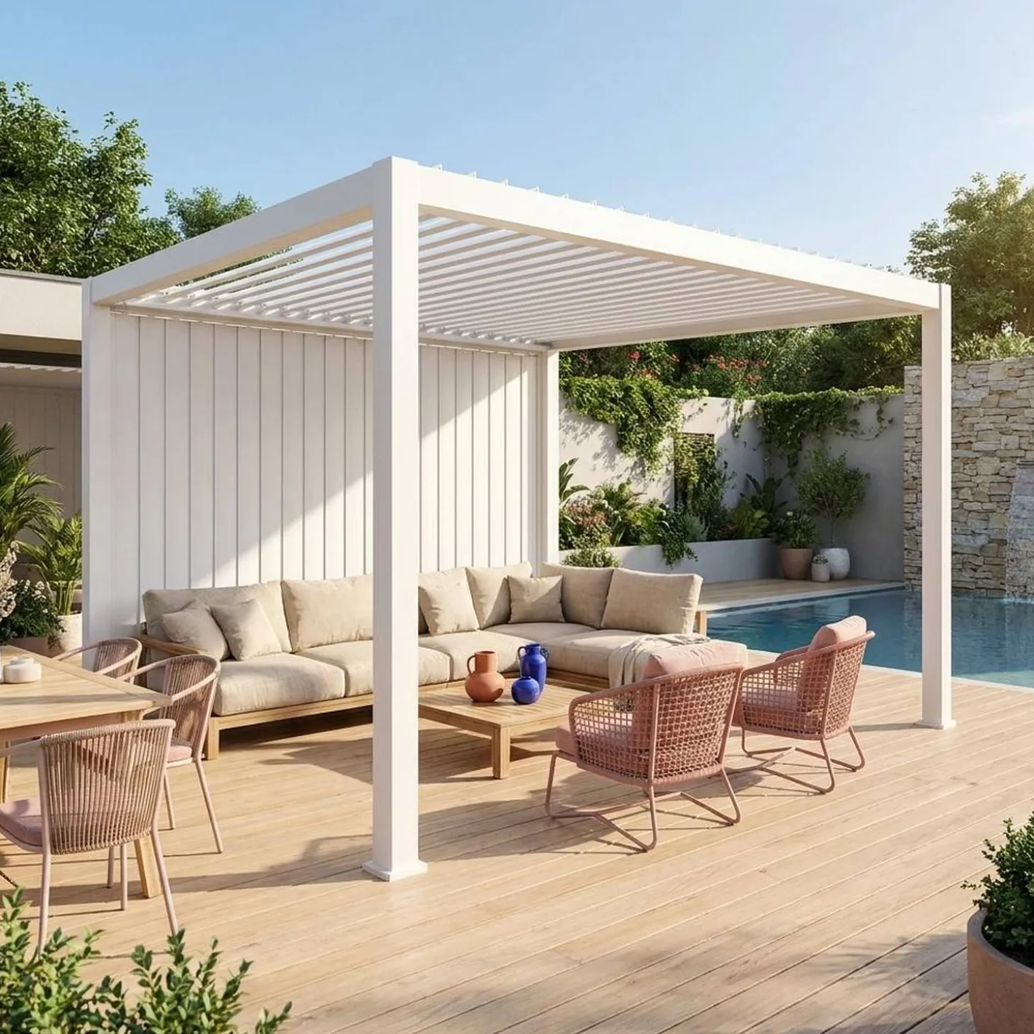 Pergola met lamellendak 4x3m met verticale lamellenwand 4m