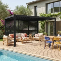 Pergola met lamellendak 4x3m met 3 vaste lamellenwanden 130cm