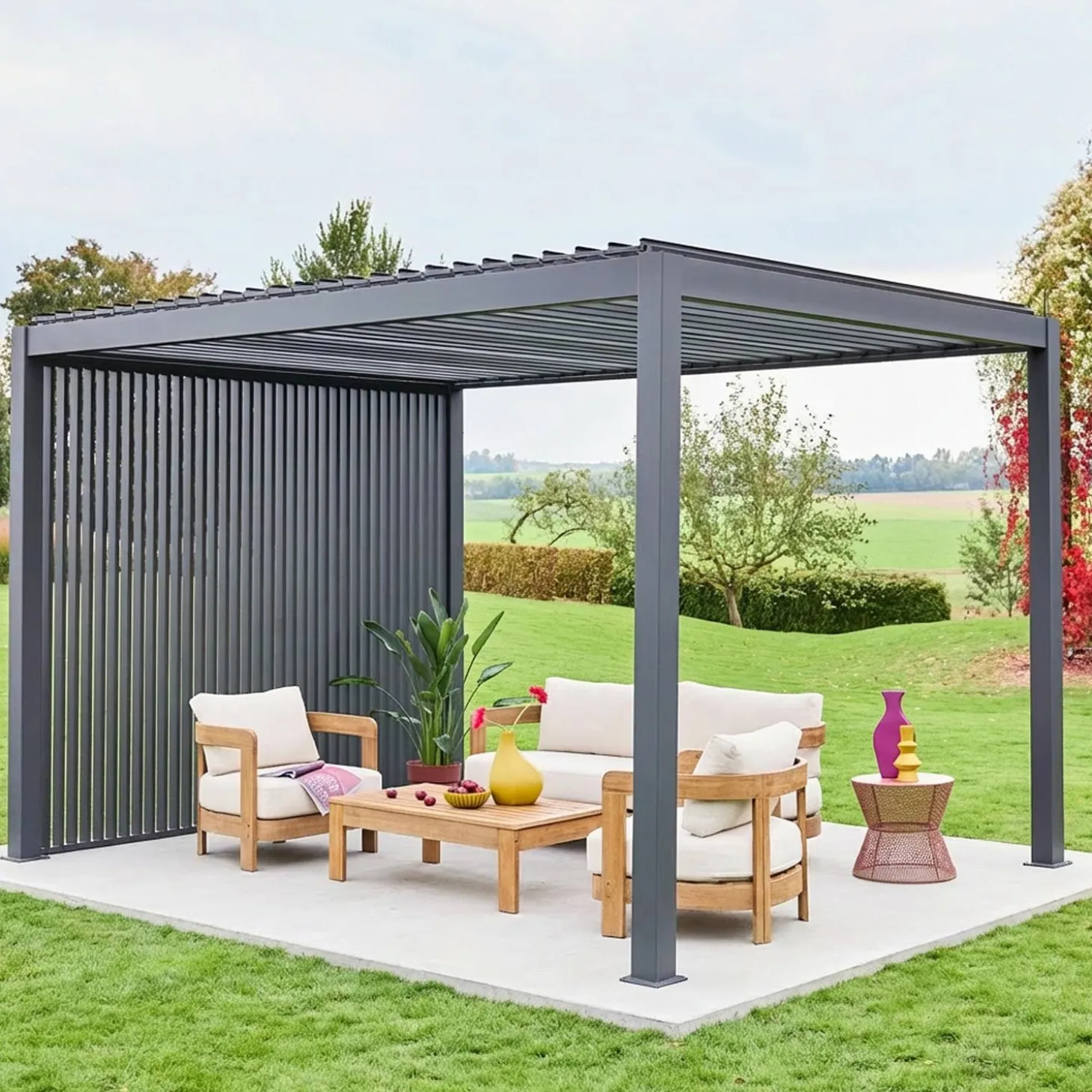 Pergola met lamellendak 4x3m met 3 verticale lamellenwanden 100cm