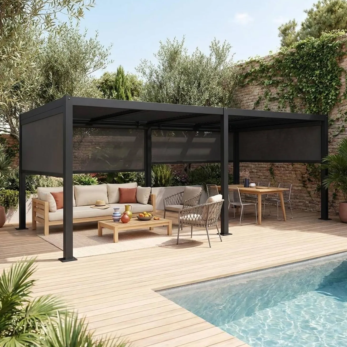 Pergola met lamellendak 6x3m met 4 zonneschermen 3m