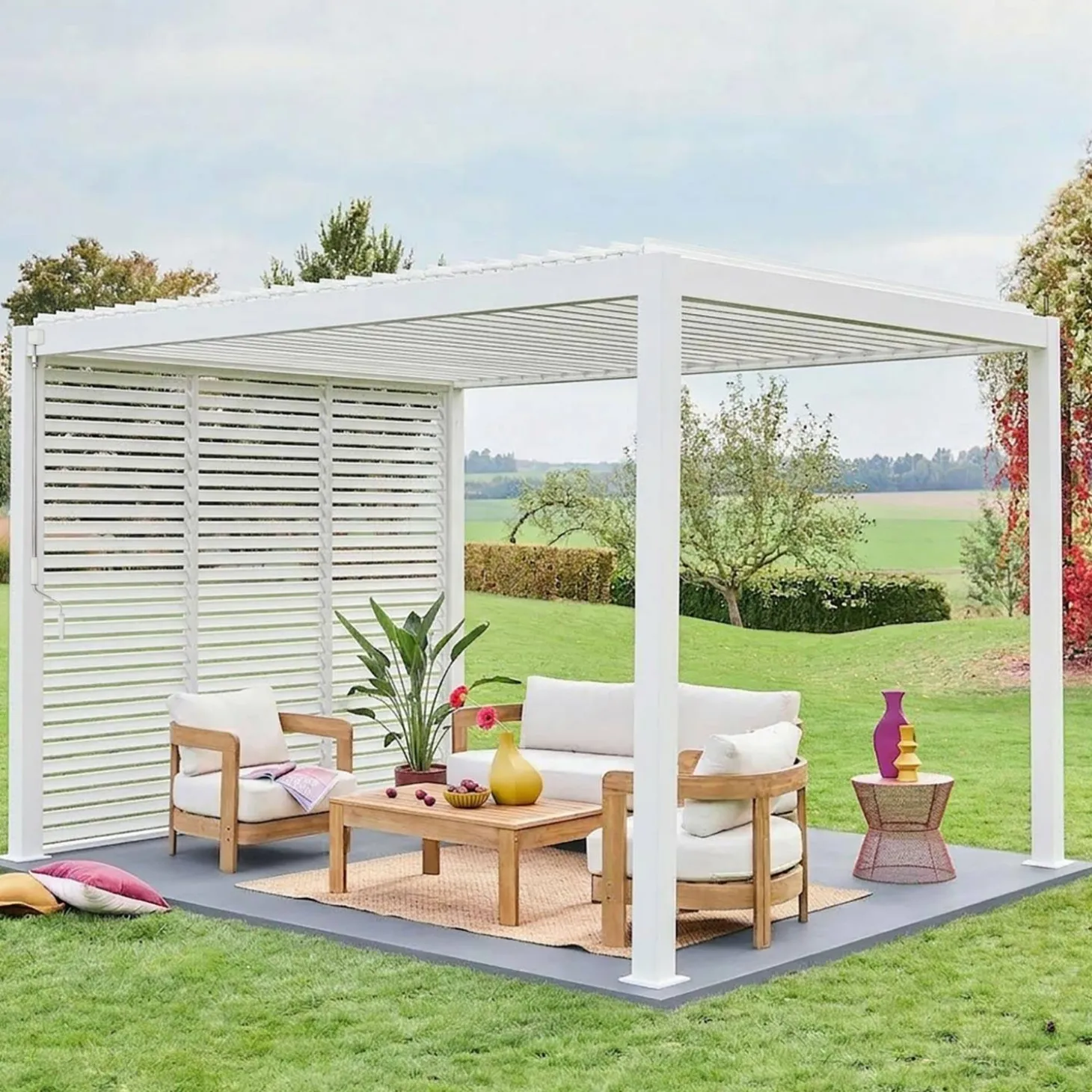 Pergola met lamellendak 4x3m met 3 vaste lamellenwanden 100cm