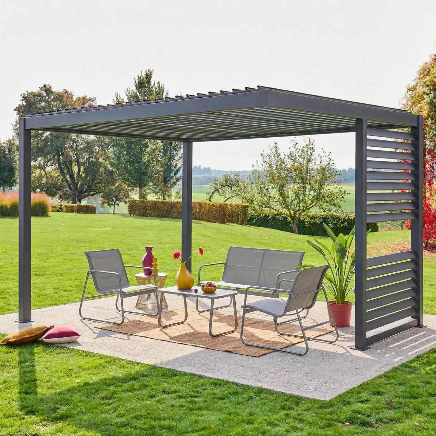 Pergola met lamellendak 3,5x3,5m verstelbare lamellen met geïntegreerde lamellenwand