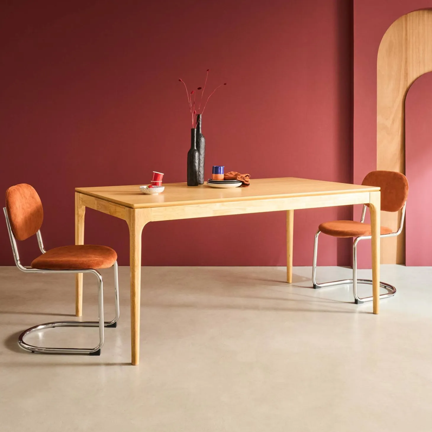 Rechthoekige eettafel van rubberhout en essenfineer 6 plaatsen