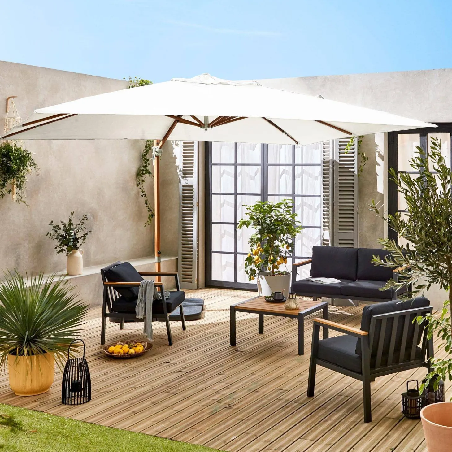 Rechthoekige parasol 3x4m, paal met houteffect