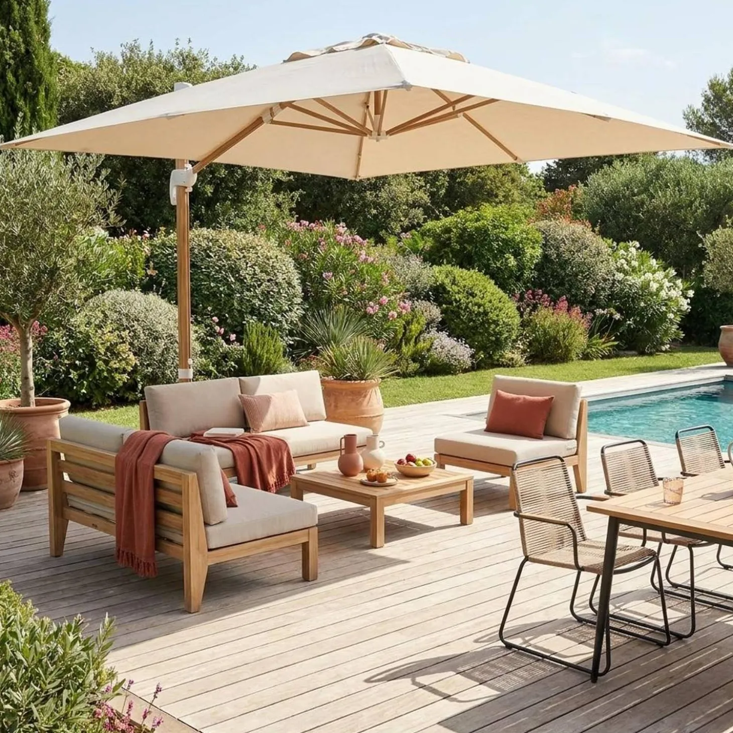 Rechthoekige parasol 3x4m, paal met houteffect