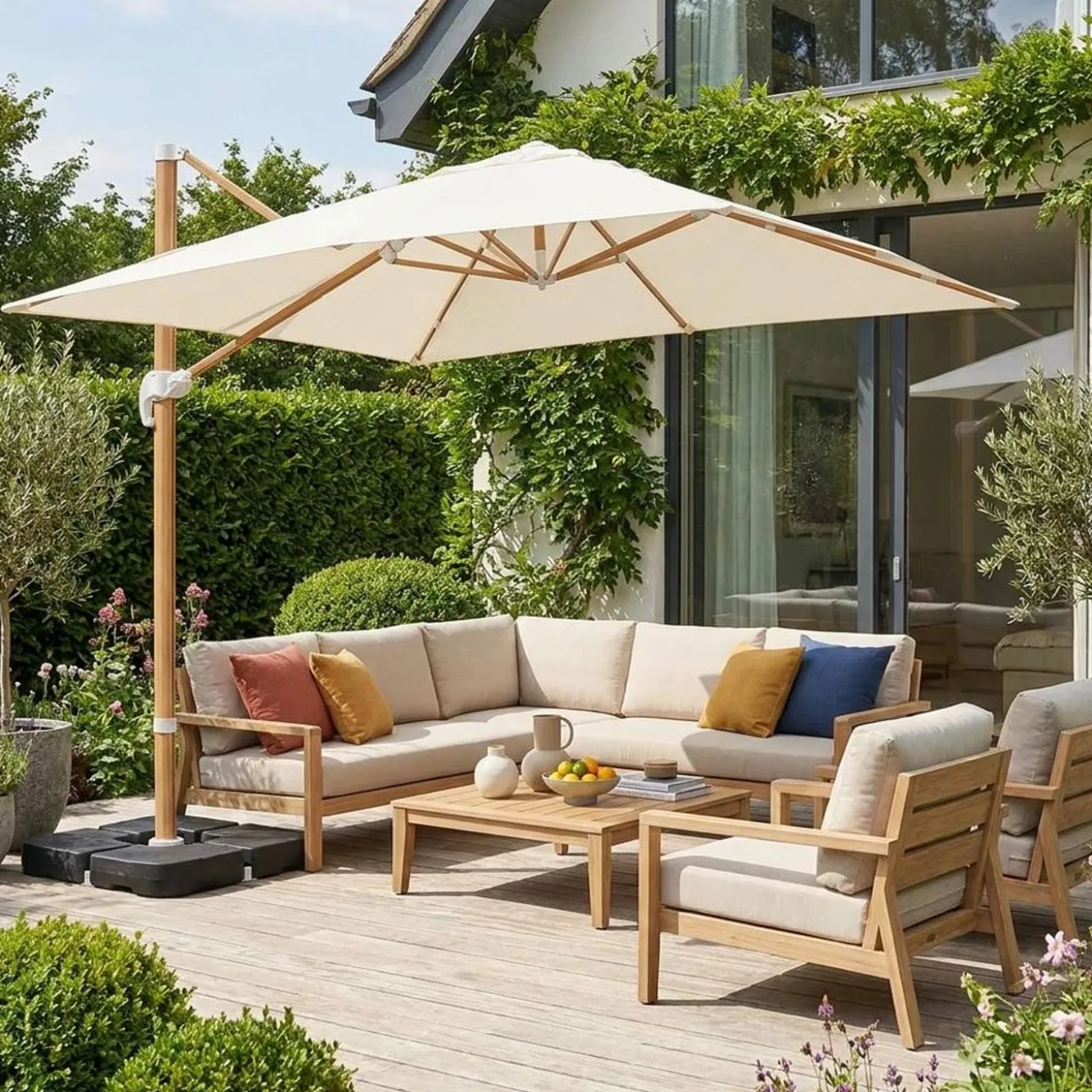 Rechthoekige zweefparasol 4x3m mast met houteffect + ballasttegels