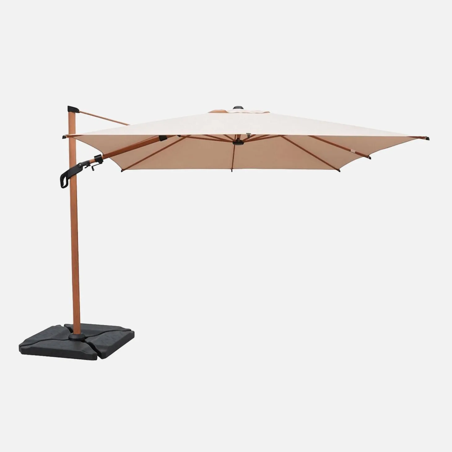 Rechthoekige zweefparasol 4x3m met houteffect mast + ballasttegels 50x50cm