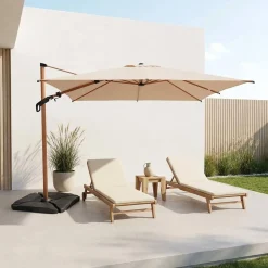Rechthoekige zweefparasol 4x3m met houteffect mast + ballasttegels 50x50cm