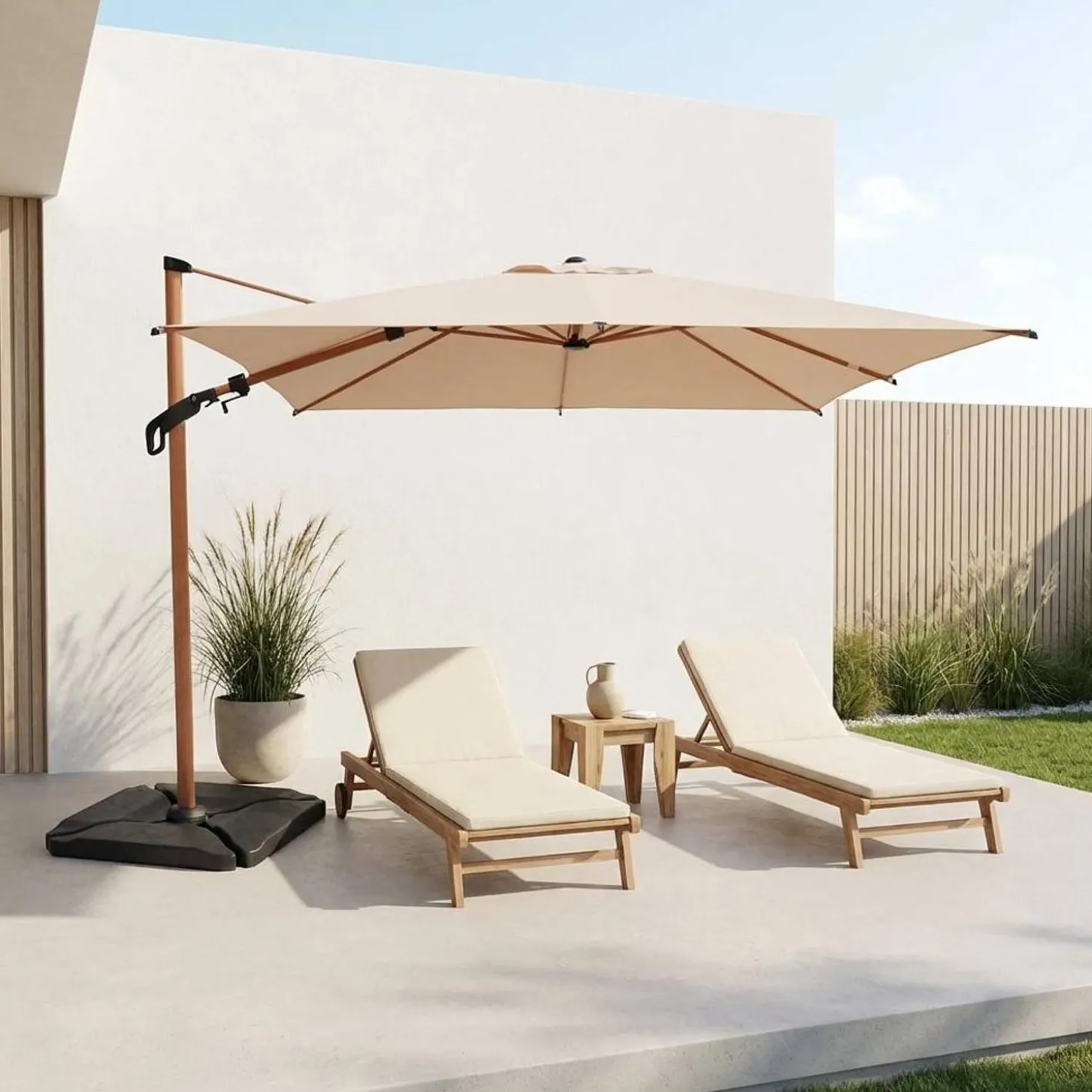 Rechthoekige zweefparasol 4x3m met houteffect mast + ballasttegels 50x50cm
