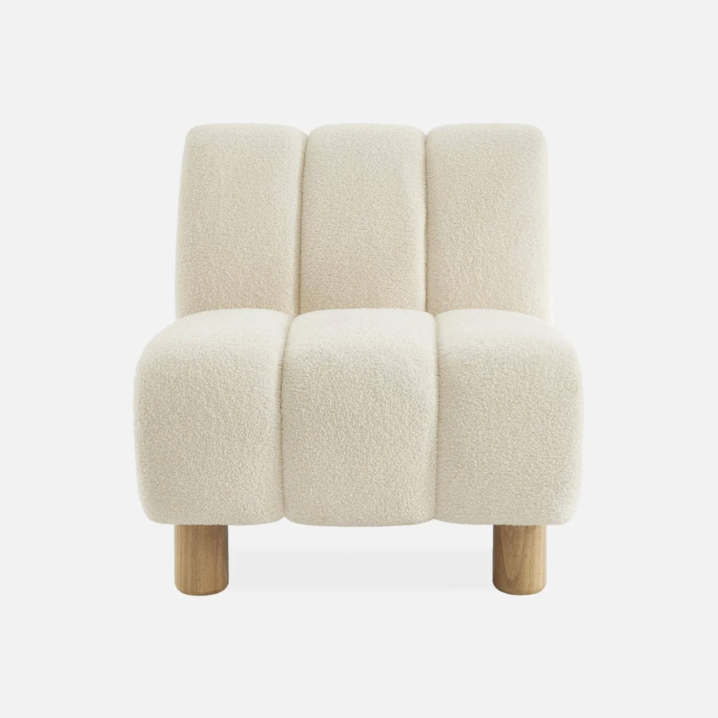 Relaxfauteuil met afgeronde poten in hout en boucléstof
