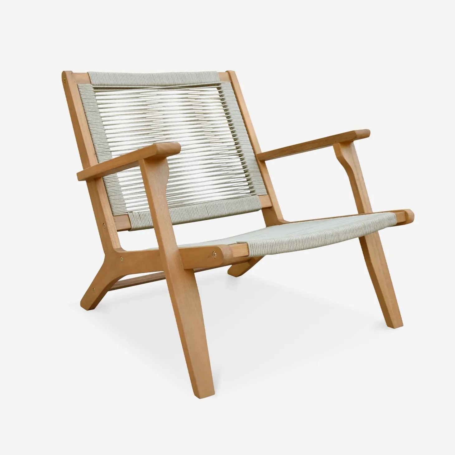 Relaxfauteuil van hout en touw met voetensteun