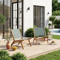 Relaxstoelen van acaciahout en textileen (set van 2)