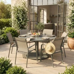 Ronde aluminium tuintafel en 6 stoelen