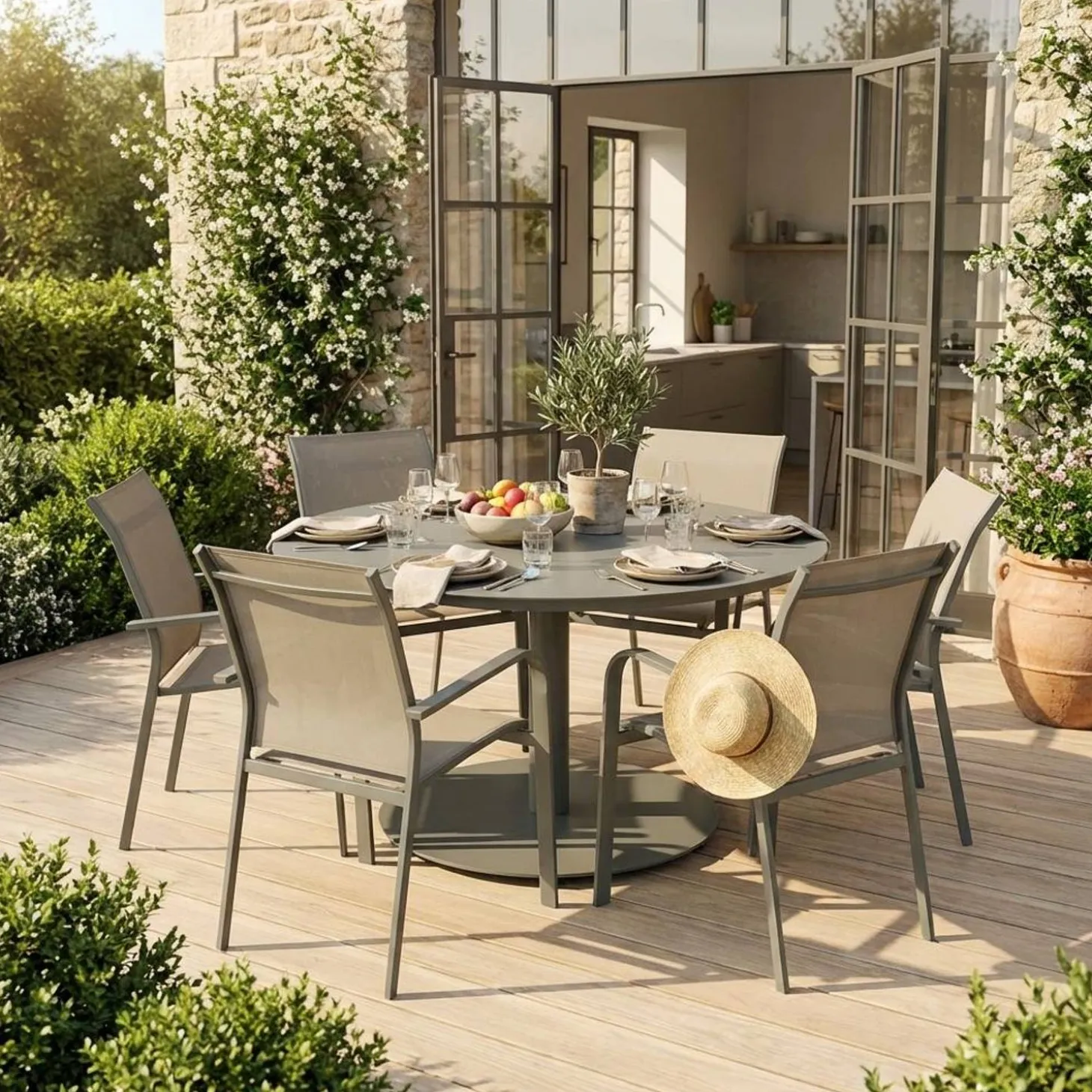 Ronde aluminium tuintafel en 6 stoelen