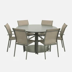 Ronde aluminium tuintafel en 6 stoelen