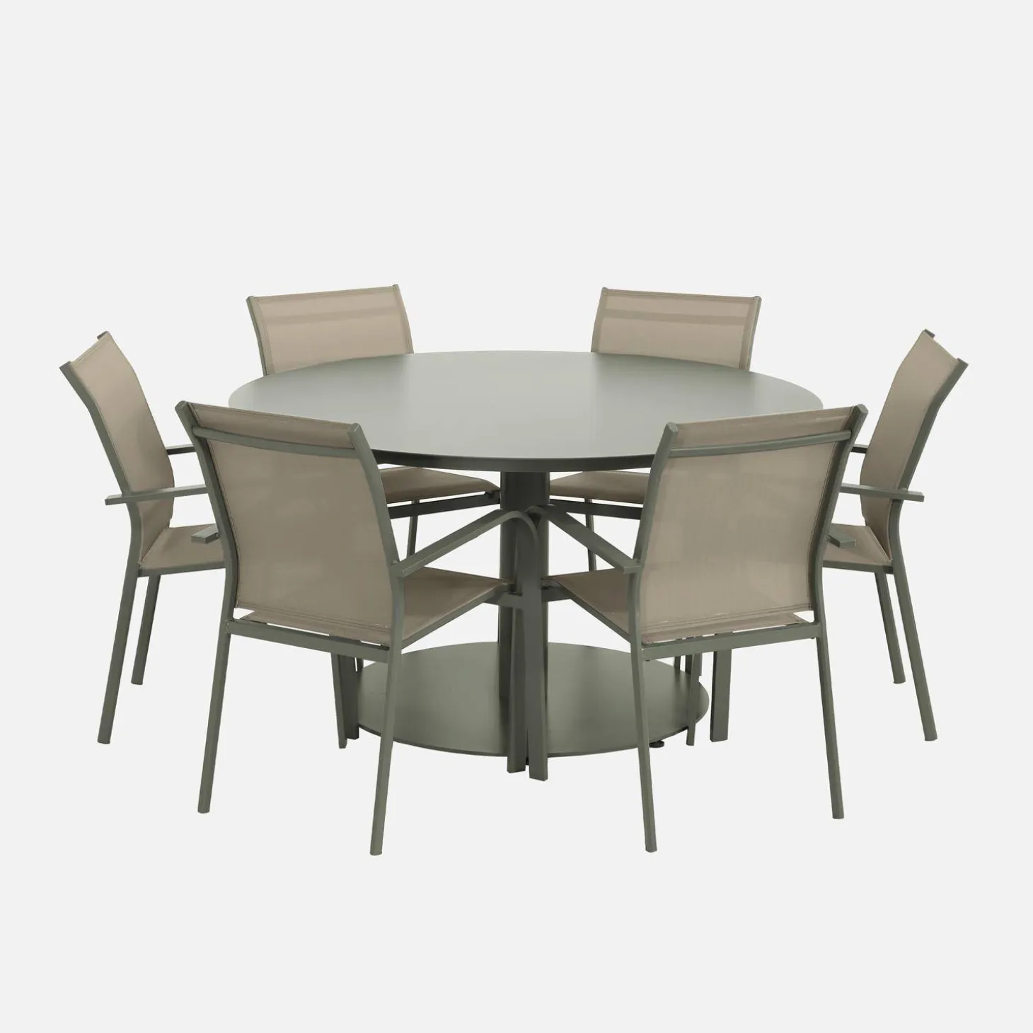 Ronde aluminium tuintafel en 6 stoelen