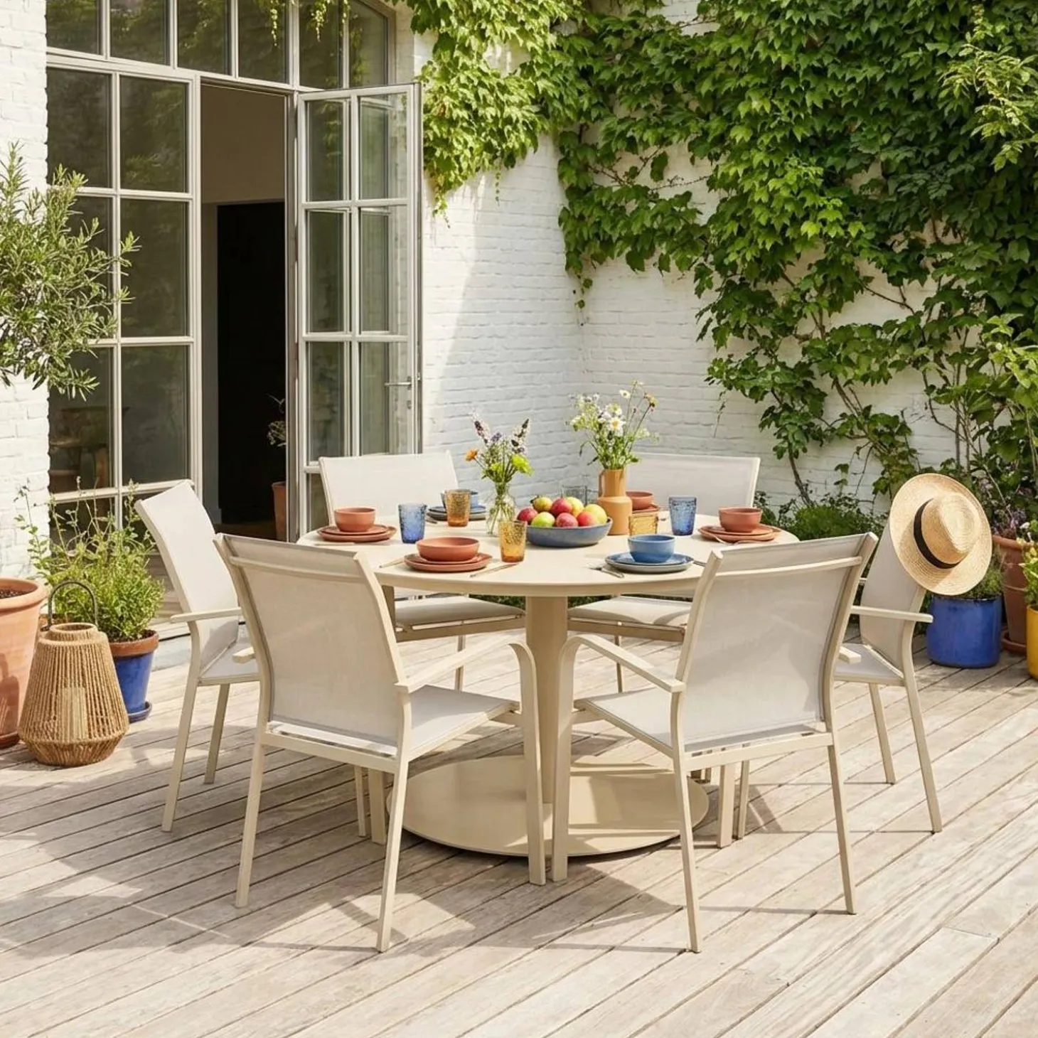 Ronde aluminium tuintafel en 6 stoelen