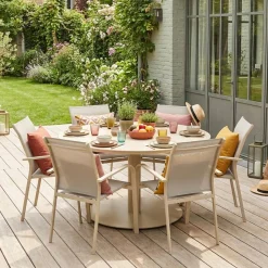 Ronde aluminium tuintafel en 6 stoelen
