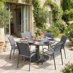 Ronde aluminium tuintafel en 6 stoelen