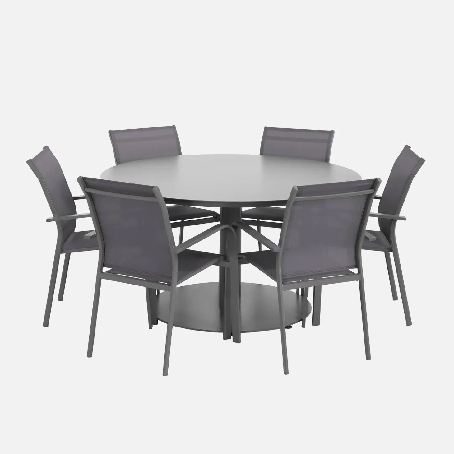 Ronde aluminium tuintafel en 6 stoelen
