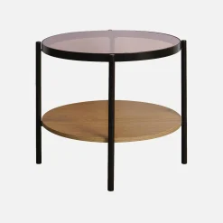 Ronde bijzettafel in gehard glas, hout- en metaaleffect zwart