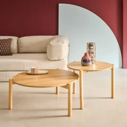 2 ronde bijzettafels, salontafel, houteffect